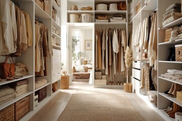 Spacious, organized walk-in closet with neutral tones