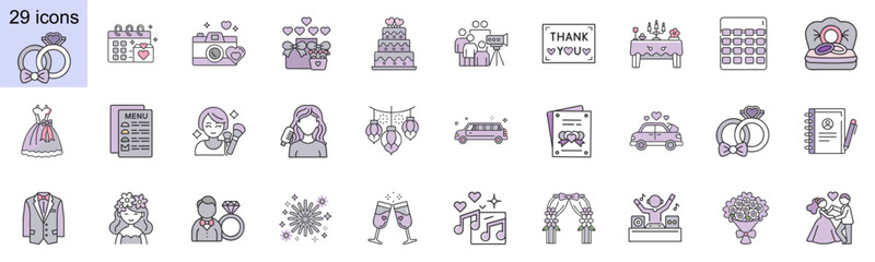 Obraz premium Wedding services icon set in purple color and minimalist design 