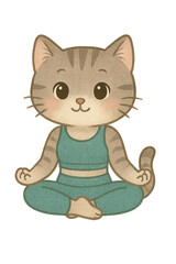 isolated transparent yoga cat character in meditation, yoga cat calm pose, yoga cat mindfulness art on White Background PNG die-cut for advertising, Cartoon cats in fitness poses for children’s books 
