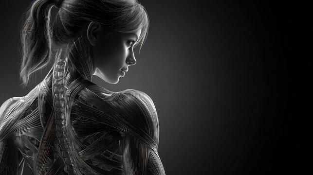 Muscle woman back view with anatomical detail, fitness body structure illustration for medical, sports, and educational design