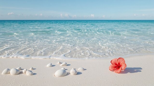 Tropical beach paradise with pink hibiscus flower and seashells - Powered by Adobe