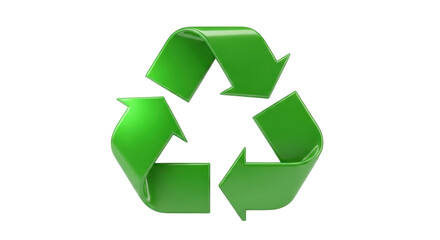 Obraz premium Vibrant 3D green recycling symbol with glossy finish, representing environmental conservation, sustainability, and eco-friendly practices on a clean white background