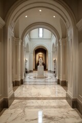 Elegant interior hallway with marble flooring and arched entryways.