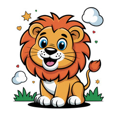 Obraz premium Cute cartoon lion cub sitting in grass isolated on transparent background