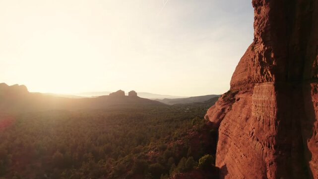 Sedona sunset aerial from Broken Arrow with Cathedral Rock in background.