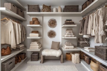 Organized, neutral-toned walk-in closet