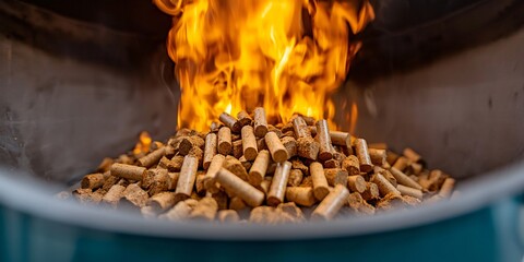 Close-up on the combustion chamber of a biomass boiler, with controlled flames consuming organic pellets, illustrating the clean and efficient release of energy from sustainable fuels.