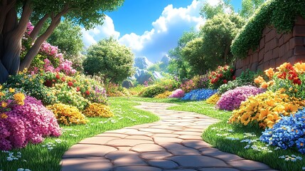 Obraz premium A colorful garden path winds through a vibrant flowerbed.