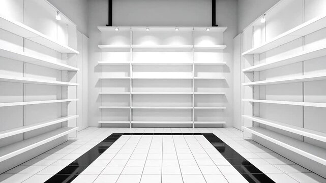 A monochrome view of an empty store with white shelves and a black and white tiled floor pattern
