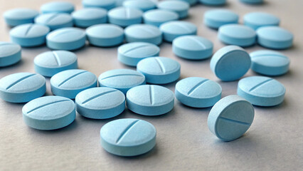Assorted pills and capsules scattered on a white background showing various types of medication