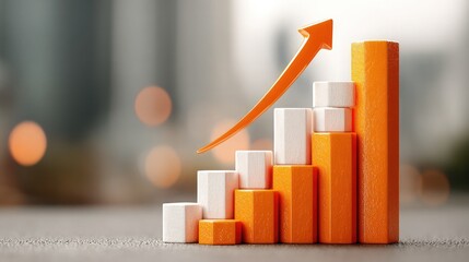 Orange bar graph arrow rising upwards, symbolizing business financial growth, success and data analytics