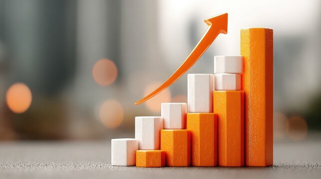 Orange bar graph arrow rising upwards, symbolizing business financial growth, success and data analytics - Powered by Adobe