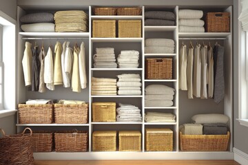 Organized walk-in closet with white and gray walls, displaying neatly stacked and hung clothes, towels, and linens in baskets and boxes