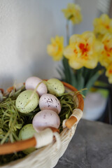 Close-Up of Colorful Easter Eggs with Yellow Flowers in Background