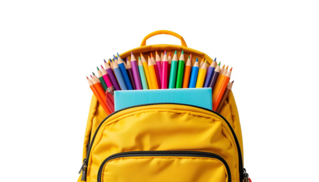 Backpack filled with school supplies colored pencils notebook for back to school education design 100char isolated on transparent background