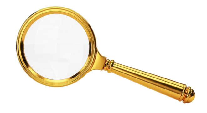 Magnifying glass with golden frame for search and inspection isolated PNG with Transparent Background