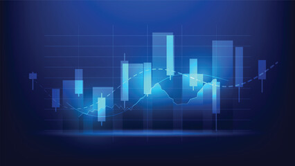 stock market graph with candlesticks pattern and bar chart on blue background. business and finance growth