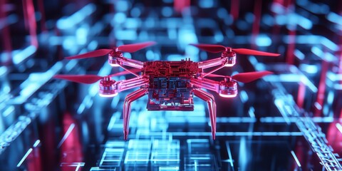 A futuristic red drone with visible electronic components hovers over a glowing blue circuit board, symbolizing advanced technology and innovation.