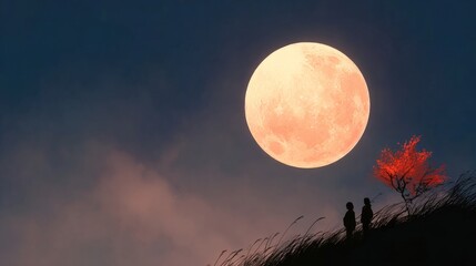 A Beautiful Silhouette of a Couple Admiring the Harvest Moon Under a Starry Sky at Night