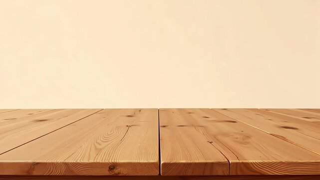 A close up view of a light brown wooden table surface against a light beige wall background