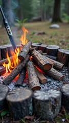 Cozy campfire burning in forest clearing with logs and glowing embers