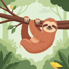 Obraz premium Cartoon Sloth Hanging on Tree Branch in Forest Illustration