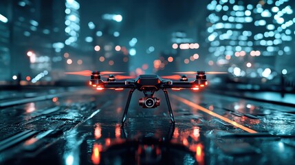 A sleek drone with glowing red lights hovers over a wet urban street at night, surrounded by blurred city lights in a futuristic atmosphere.