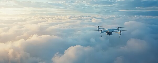 A drone flies above a vast sea of clouds under a blue sky with soft sunlight, capturing an aerial view.