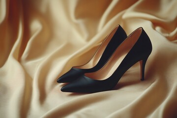 Kitten heels placed delicately a satin cloth backdrop soft ambient light no human no labelling no logo