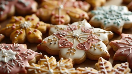 Fototapeta premium A festive close-up of snowflake-shaped sugar cookies, intricately decorated with delicate white and pink royal icing. The scene evokes the sweet, cozy feeling of winter holiday baking