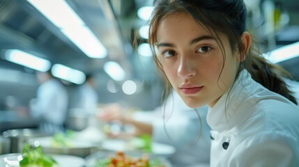 A talented young Asian female chef in a white hat and coat looks at the camera with a gentle smile. She is surrounded by fresh ingredients in a bustling professional kitchen, radiating confidence and