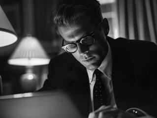 An intense, black and white noir-style portrait of a male tax investigator in glasses. He leans forward, his focused gaze fixed on financial records on a laptop, working late under a dim desk lamp