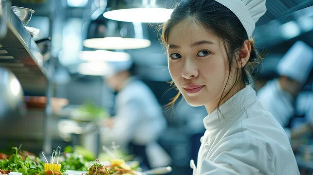 A talented young chef with intense focus meticulously garnishes a steaming hot gourmet dish. He works in a busy professional kitchen, showcasing his culinary skill and creativity