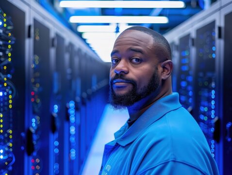 A professional Black male IT specialist with a beard looks confidently at the camera while standing in a high-tech data center. The server racks are illuminated by cool blue lights, creating a modern,