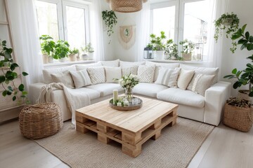 White sectional sofa, light wooden coffee table, plants,  natural decor