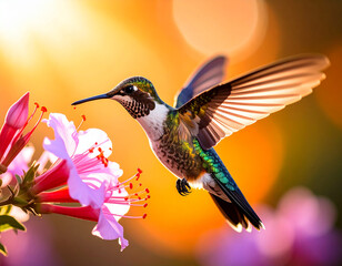 Fototapeta premium Vibrant hummingbird hovering around colorful flowers in mid-flight. Nature and wildlife concept showcasing pollination and delicate bird movement.