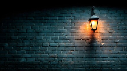 A lit lantern hangs on a dark brick wall providing light.