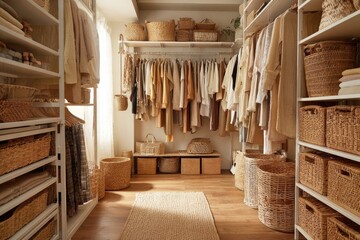Organized walk-in closet with natural tones