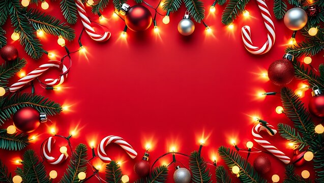 Festive christmas border featuring twinkling lights candy canes ornaments and evergreen branches surrounding a vibrant red background for copy space