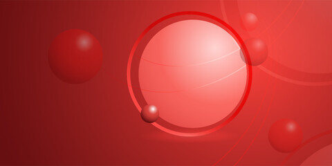 Ruby red backdrop showcases floating spheres within a circular frame, creating a modern, simple design with subtle shading and layered elements on a sleek gradient background