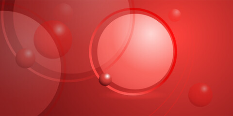 A vibrant crimson backdrop showcases a series of overlapping translucent circles and 3D spheres, creating a dynamic and modern visual experience with varied depths and gradients.