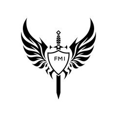 FMI Winged Sword and Shield Logo with FMI Letters, FMI Later Logo, Heraldic Emblem, Black and White Vector Design
