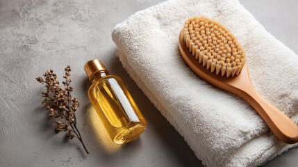A still life of a dry brush and body oil.	A beautiful still life of a natural, sisal dry brush and a minimalist glass bottle of body oil, on a clean, spa-like background.
