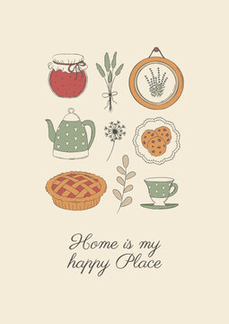 Vintage cozy poster with tea, pie, cookies, herbs, flowers, jar of jam, teapot and cup. Warm country cottagecore hand drawn greeting card.