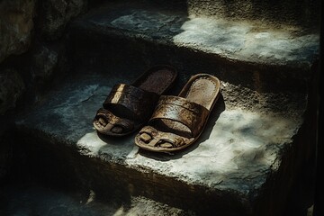 Gladiator sandals resting ancient stone steps dramatic shadows no human no labelling no logo