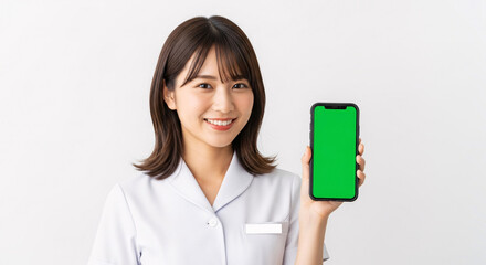 Happy smiling woman holding a smartphone showing a blank green screen for mockup and copy space, isolated on a white background.