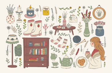 Cottagecore cozy warm hand drawn set with girl, tea, books, cookies, candles, knitting, boots, flowers, vintage decor elements. Vector illustration for home decor, scrapbooking, cards.