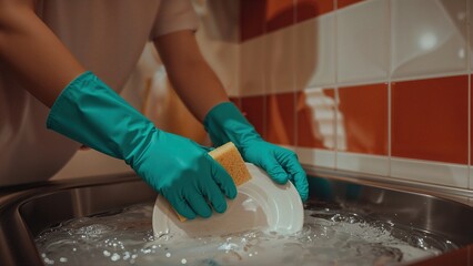 Person wearing blue gloves washing dishes in a kitchen sink with soapy water