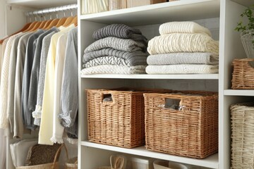 Organized closet with sweaters and wicker baskets