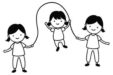 three children playing jump rope line art vector illustration